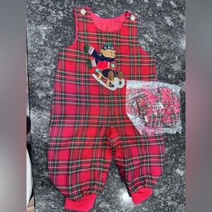 Red Plaid Baby Overalls with Bear Design